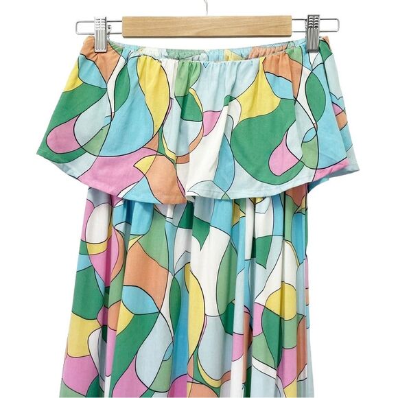 Japna Strapless Flounce Top Summer Maxi Dress Retro Aqua & Pink Print Size Small - Picture 8 of 16